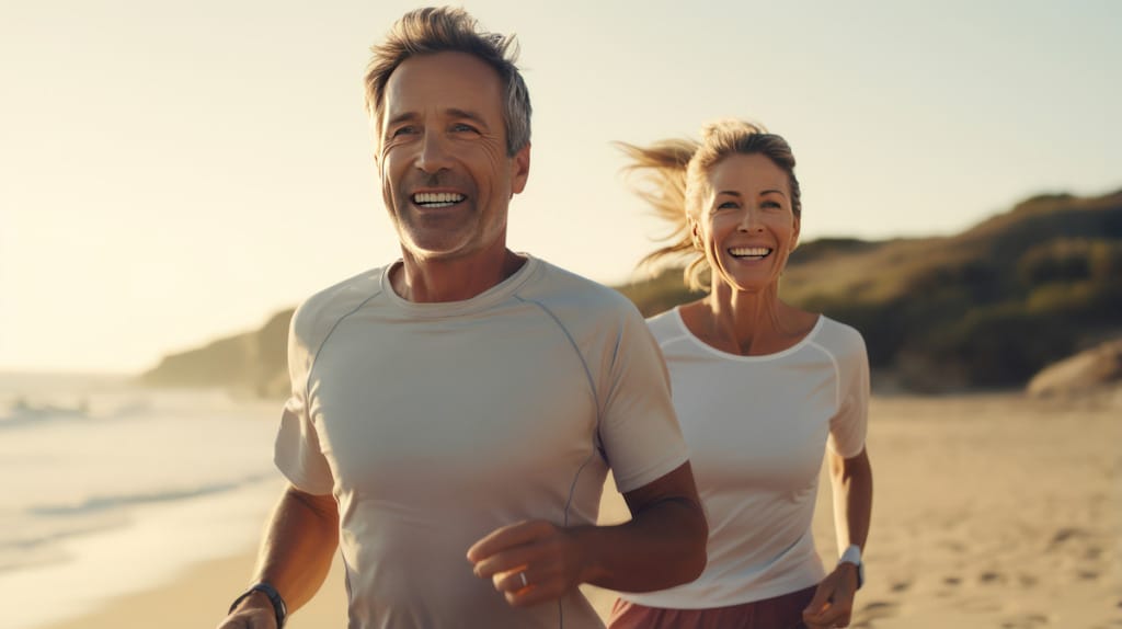 An older couple jogs on the beach, mindful of pollen levels to manage their allergy symptoms.