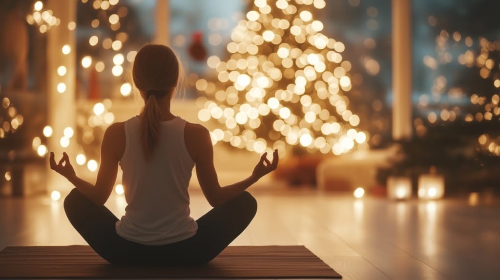 Person practicing mindfulness and relaxation techniques during holiday season