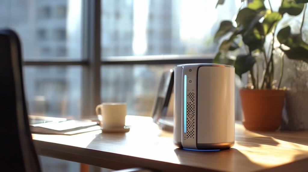 Air purifier improving indoor air quality in office